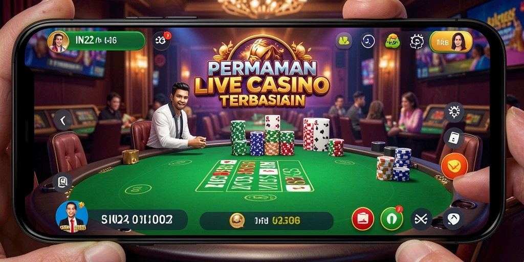 Screenshot IN22 menampilkan dealer langsung dan suasana permainan kasino yang seru.