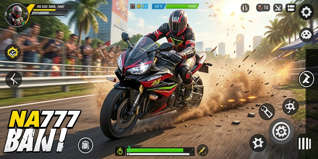 Screenshot menunjukkan aksi balap motor yang mendebarkan di trek yang menantang.