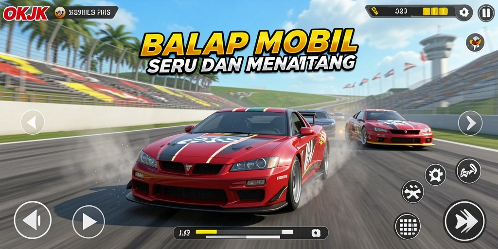 Gameplay OKJK yang seru dengan aksi balapan mobil cepat.