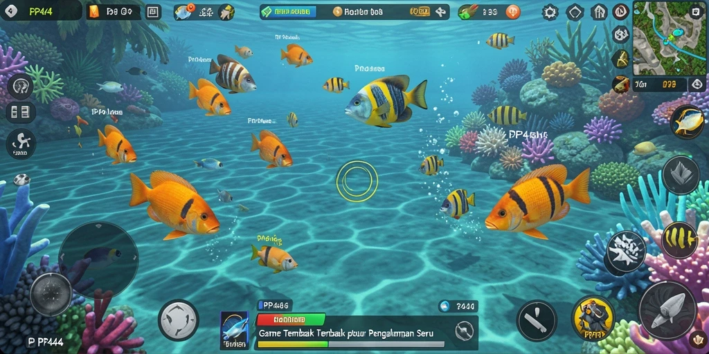 Tampilan gameplay seru dalam PP444 dengan ikan yang beraneka ragam.