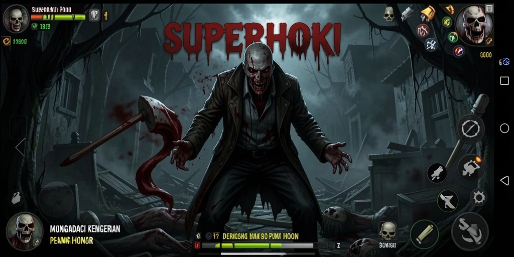 Tampilan gameplay SUPERHOKI yang penuh ketegangan dan kengerian.